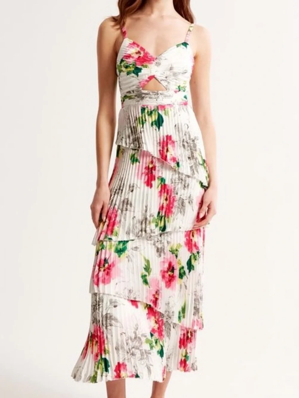 Abercrombie & Fitch Drama Ruffle Pleated Tiered Maxi Dress White Floral